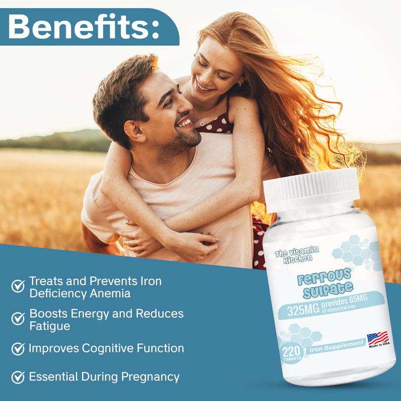 [Australia] - Ferrous Sulfate 325 mg (65 mg Elemental Iron) High Potency Iron Supplement - High Potency Iron Pills for Red Blood Cells - No Artificial Color Additives - 220 Tablets Made in USA 