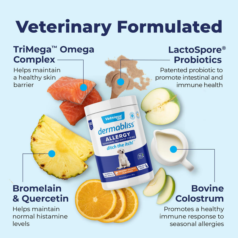 Dermabliss Allergy Chews 120ct and Dermabliss Anti-Itch & Allergy Relief Spray (4oz) Bundle Complete Skin Allergy Relief for Dogs with Dog Allergy Supplements, Hydrocortisone Spray for Dogs - PawsPlanet Australia