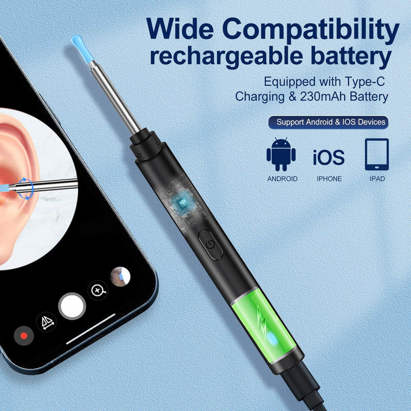 [Australia] - Ear Wax Removal, Ear Cleaner with Camera, Ears Wax Removal Kit with 1296P HD Ear Otoscope with 6 LED Lights, Earwax Removal Tool for iPhone, iPad & Android Smart Phones Black Standard 
