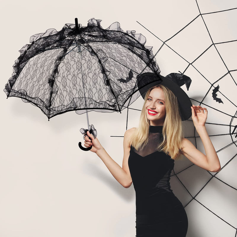 Lace Parasol Umbrella and Lace Gloves Set Wedding Bridal Umbrella for Decoration Tea Party Costume 31.5 Inch Adult Size Black