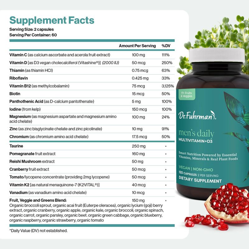Dr. Fuhrman 2 Month Supply Multivitamin for Men + D3 Vitamin for Immune Support | Vegan Formula Womens Multivitamin with B12 & Zinc | Whole Food multivitamin with 17 Fruits & Veggies Men's