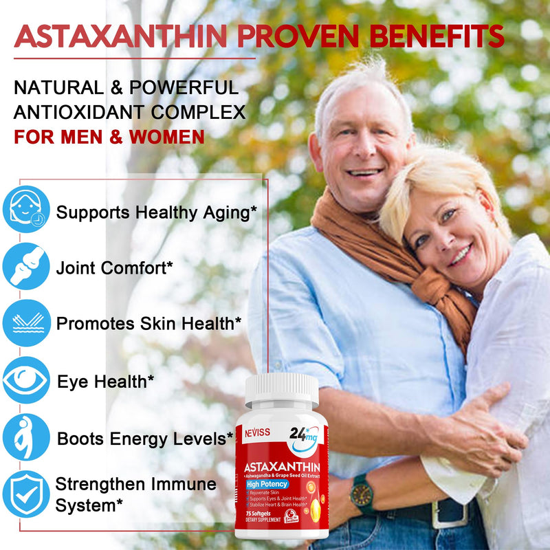[Australia] - Astaxanthin Supplements 24mg, 5 Month Supply - Coconut MCT Oil, Fresh Microalgae Source w/Grape Seed Oil, Ashwagandha - Antioxidants for Healthy Skin, Eyes, Joints, Non-GMO & Gluten Free, 150 Softgels 75 Count (Pack of 2) 
