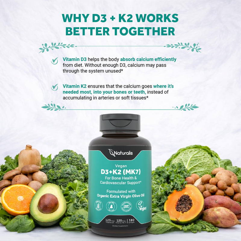 Naturalis Vegan Vitamin D3K2 180 Softgels | Better Bone & Immune Support* | VeGel® technology for enhanced nutrient delivery and absorption, featuring a plant-based, vegan-friendly, and clean formula.* 180 Count (Pack of 1)