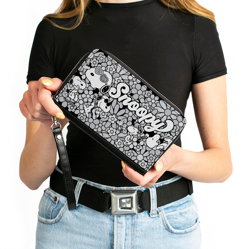 Buckle-Down Peanuts Vegan Leather Zip Around Wallet | Snoopy Poses and Daisy Flowers Collage Black Grays White Billfold Credit Card and ID Slots