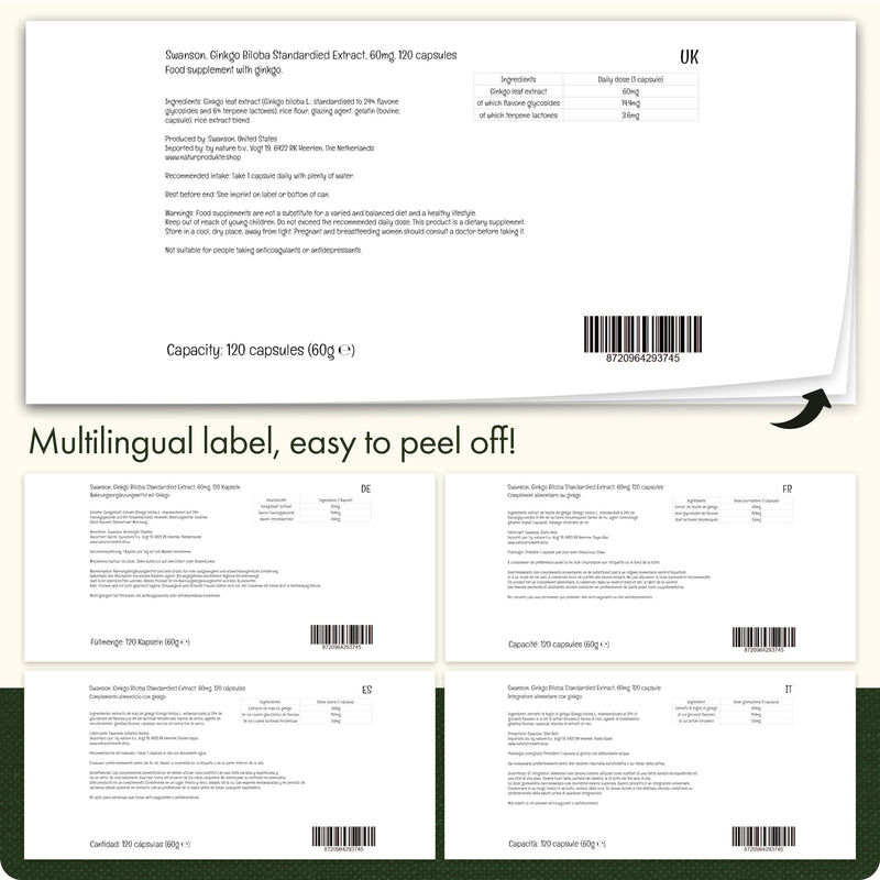 Swanson, Ginkgo Biloba Extract, 60mg, 120 Capsules, Lab-Tested, SOYA-Free, Gluten-Free, GMO-Free