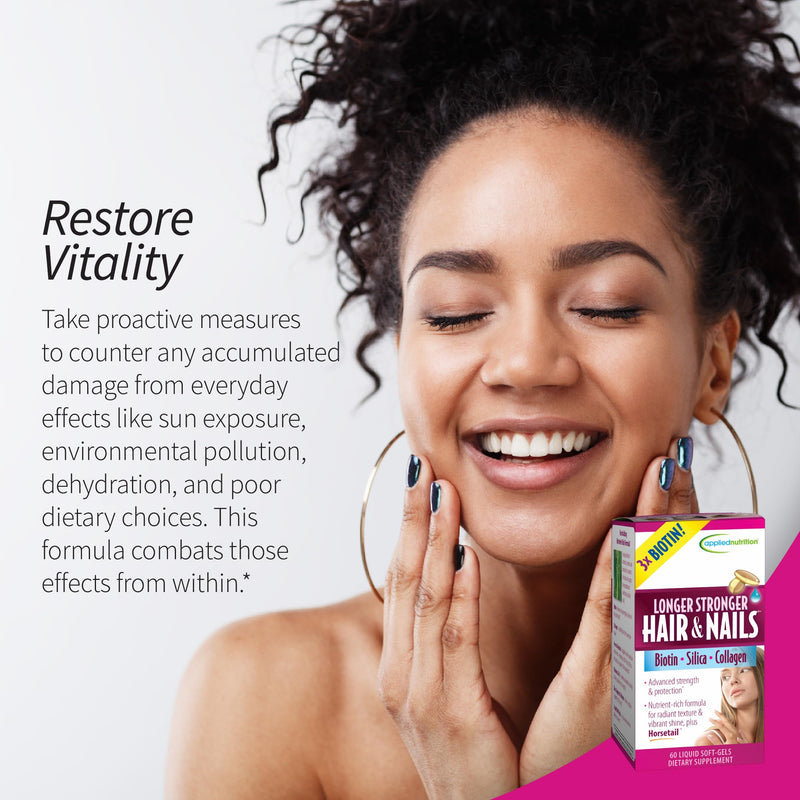Applied Nutrition Longer Stronger Hair & Nails - 60 Liquid Soft-Gels, Pack of 2 - Biotin, Silica & Collagen - 60 Servings | Healthy Hair & Nails | Biotin + Silica + Gotu Kola | Beauty Nutrition Supplement | 2 X 60 Liquid Soft-Gels 60 Count (Pack of 2)