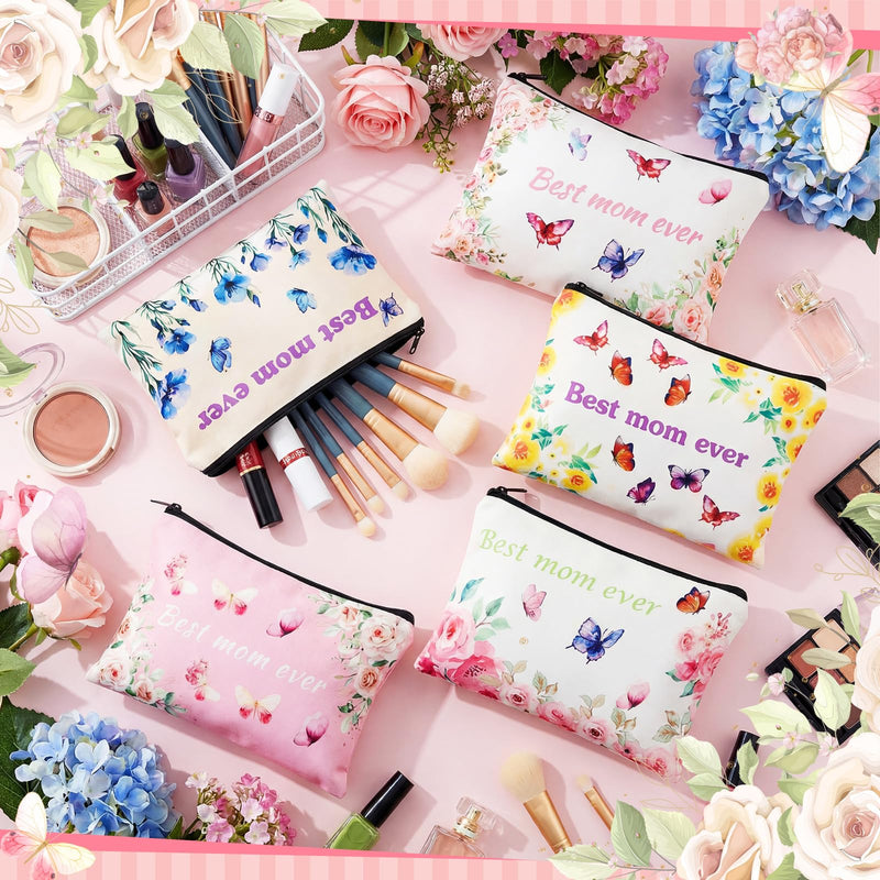 30 Pcs Best Mom Ever Makeup Bags Gifts for Women Bulk Church Gifts for Mama Cosmetic Bags Expecting Mom Essentials Pouch Thank You Mommy Cosmetic Travel Pouch (Flower Butterfly) 30 Flower Butterfly