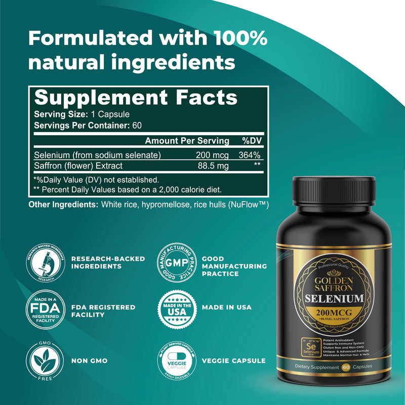 [Australia] - Golden Saffron Selenium (200mcg Selenium & 88.5 mg Saffron Extract) - to Support Overall Health, Non-GMO, Gluten Free, Dairy Free, with Unique and Advanced Formula – Made in USA & Tasteless. 