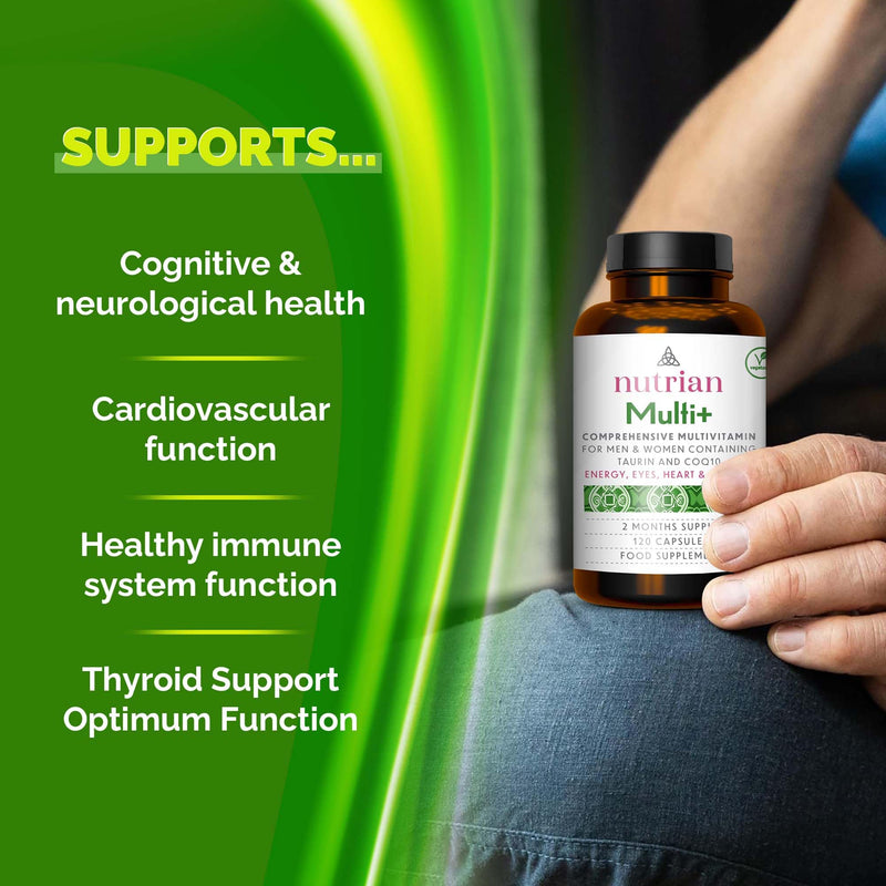 Multivitamin & Mineral Complex for Men & Women | Thyroid & Energy Support | CoQ10 100mg, Vitamin D3 2000 IU & K2 MK-7, Magnesium, Taurine, B-Complex with 5-MTHF | 120 Capsules