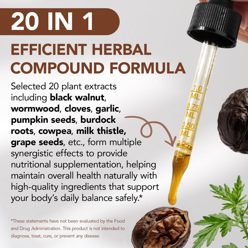 20 in 1 Black Walnut Wormwood Tincture,Black Walnut Hull Extract Promotes a Healthy Gut & Immune Wellness,with Clove,Pumpkin Seed,Garlic,Oregano,Berberine,Gut-Friendly,Alcohol-Free - 2FL
