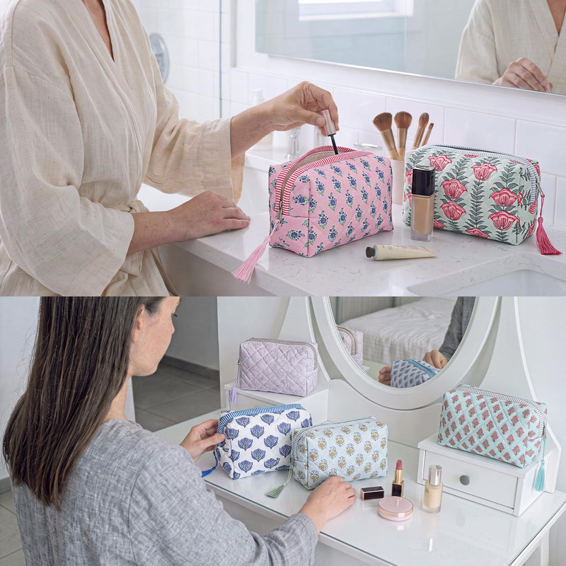 Kacctyen 12 Pcs Block Print Makeup Bags Cotton Quilted Blue Toiletry Makeup Bag with Tassel Flower Pouch Emergency Travel Toiletry Bridesmaid Engagement Bridal Shower Gift for Women (Pink Ditsy) 6 Pink Ditsy