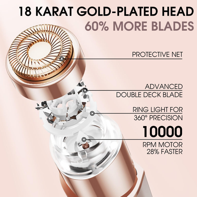 [Australia] - Facial Hair Removal for Women: Electric Hair Removal Device - Rechargeable Painless Face Razor for Chin Upper Lip Peach Fuzz with Light (Rose Gold) Rose Gold 