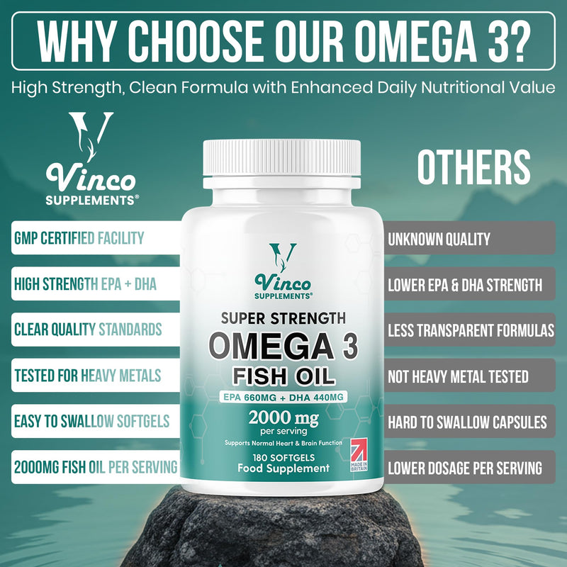 Vinco High Strength Omega 3 Fish Oil 2000mg | EPA 660mg & DHA 440mg Per Serving | Promotes Heart, Brain & Eye Health | Non-GMO GMP Certified 180 Omega 3 Softgels Capsules (3 Month Supply) - UK Made