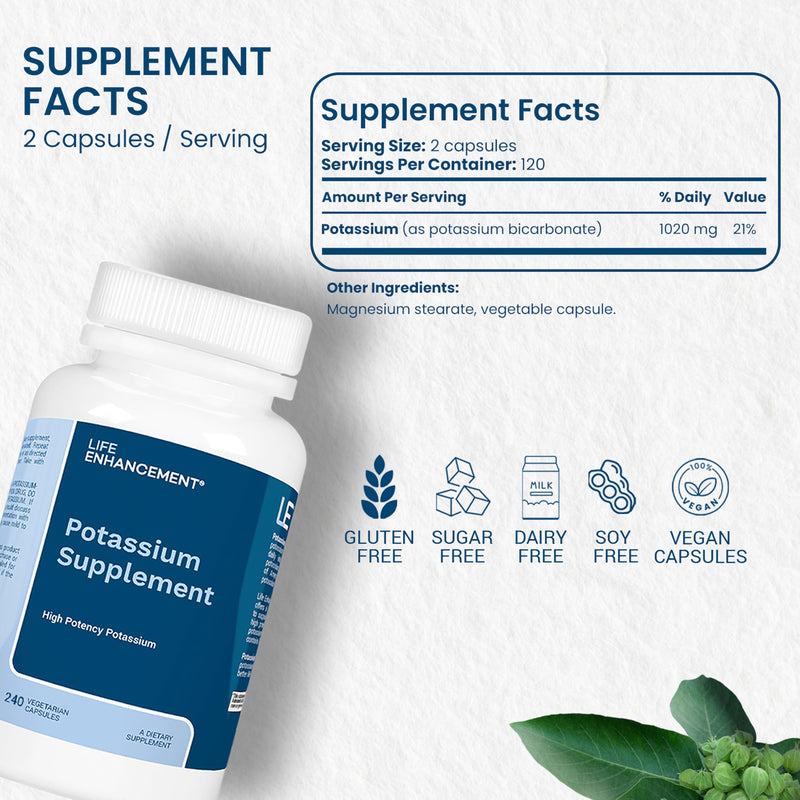 Life Enhancement High Potency 1020 mg Potassium Supplement for Muscle, Brain & Bone Health - No Additives High Absorption Elemental Potassium Supplement, Made in USA (240 Capsules – 120 Servings) 240 Capsules