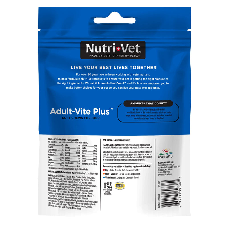 Nutri-Vet Adult-Vite Plus Soft Chews for Dogs - Formulated with Vitamins and Minerals - Supports Everyday Health - 70 Count - 6 Ounces - PawsPlanet Australia
