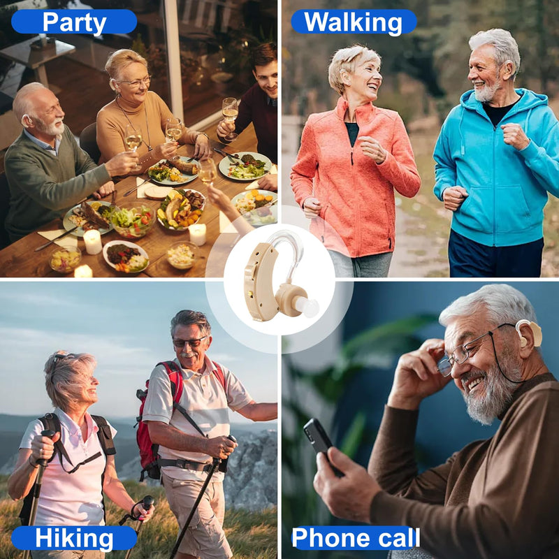 Hearing Amplifier for Adults & Seniors (Pair), Behind-the-Ear Personal Hearing Support Device with 6 Volume Levels, Noise Reduction for Clear Conversations & TV, 6 Domes, Battery Powered, Case Beige 2-pack