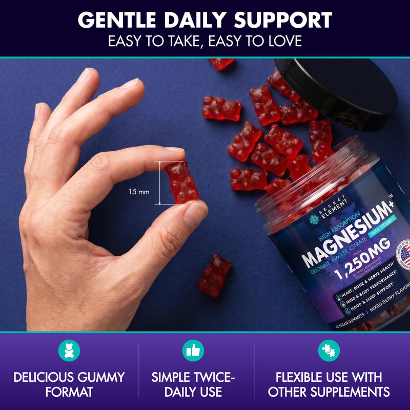 Secret Element Magnesium Glycinate 1250MG Gummies, High Absorption Magnesium Glycinate, Citrate & Malate, with Vitamin C, Sugar-Free, Vegan, Chews for Men & Women, 60 Gummies, Mixed Berry Flavor 60 Count (Pack of 1)
