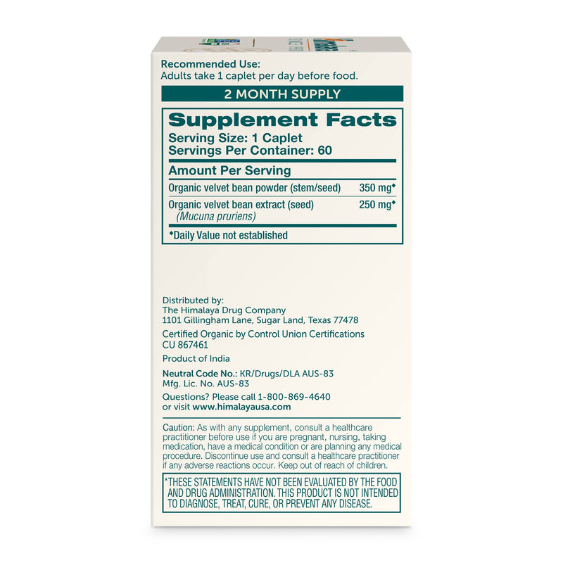 [Australia] - Himalaya Organic Mucuna Pruriens, 60 Day Supply - Herbal Supplement for Calming Relaxation from Tension and Promoting Brain Function - Vegan, Non-GMO, Gluten Free, 600 mg, 60 Caplets 60 Count (Pack of 1) 