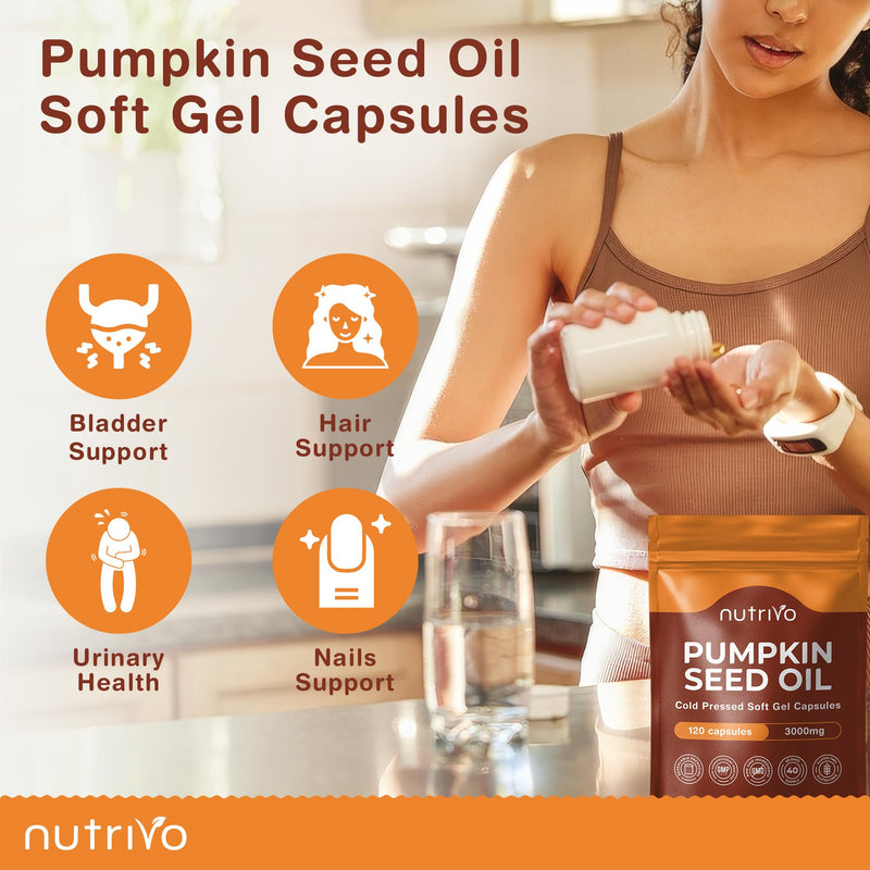 Pumpkin Seed Oil Capsules 3000mg (per 3 Soft Gel Serving) | 120 Capsules | Cold Pressed | Pumpkin Seed Oil for Hair, Prostate and Bladder | UK Made 120 stück (1er Pack)