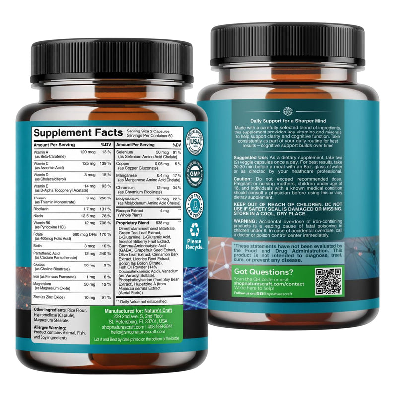 Brain Supplements for Memory and Focus, Mind & Memory Matrix, 120 Capsules | 4 mg Bacopa extract plus a 638 mg proprietary blend per serving with DMAE, GABA, green tea & phosphatidylserine 120 Count (Pack of 1)