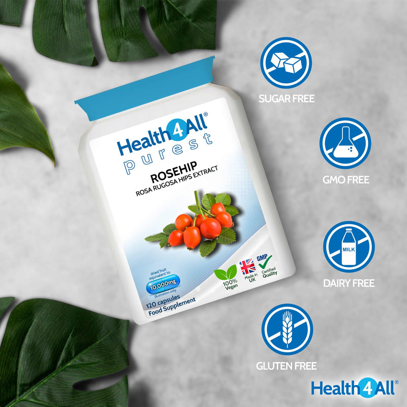 Health4All Rosehip 10,000mg per Capsule, 120 Capsules 4 Months Supply, High Strength Rosa Rugosa Hips Joint Support Supplement, Pure, Vegan, Naturally Sourced Extract (not Tablets) | Made in UK 120 count (Pack of 1)