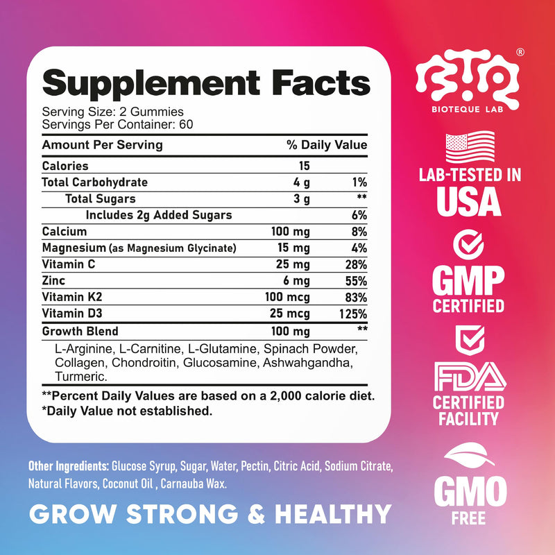 BIOTEQUELAB Height Growth Increase Gummies Vitamins, Grow Tall Supplement, Calcium, Magnesium, Zinc, Ashwagandha, Glucosamine Multivitamin for Teens, Kids, 120 Gummies 120 Count (Pack of 1)
