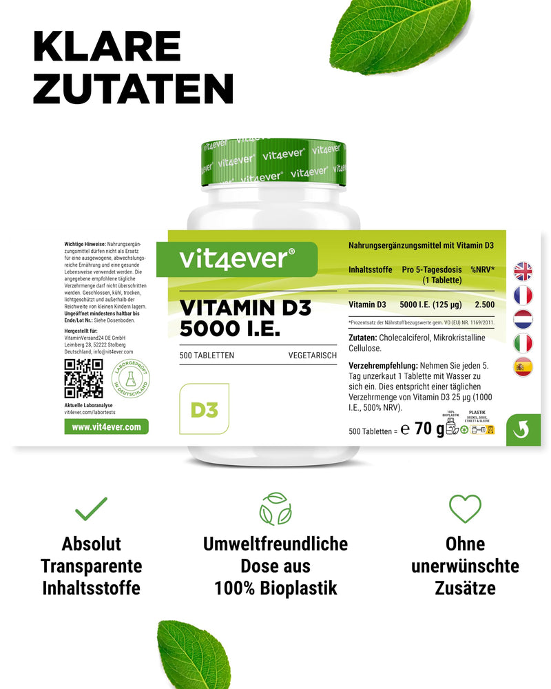 [Australia] - Vitamin D3 5000 IU Depot - 500 tablets - High dosage - Laboratory tested - Vegetarian - High purity - 5 daily doses of 1000 IU per day - Premium quality 