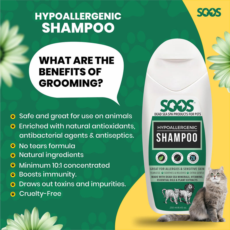 Soos Pet Shampoo Hypoaller-genic Cat and Dog Shampoo Natural Dead Sea Minerals Fast Absorbing Soothes Skin Irritation with Vitamins Essential Oils - 1 Pack (250ml) - PawsPlanet Australia