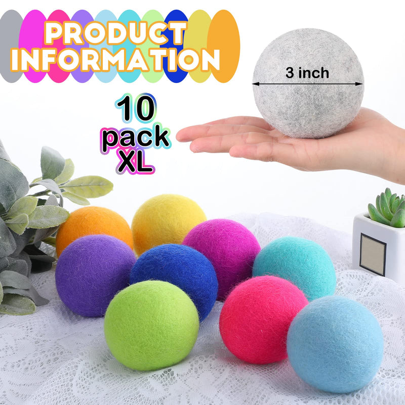 [Australia] - 10 Pack Wool Dryer Balls XL 3 Inch Reusable Laundry Balls for Dryer Natural No Lint Fabric Softener Replaces Dryer Sheets Wool Balls for Reduce Wrinkles Save Drying Time Rainbow Blast 