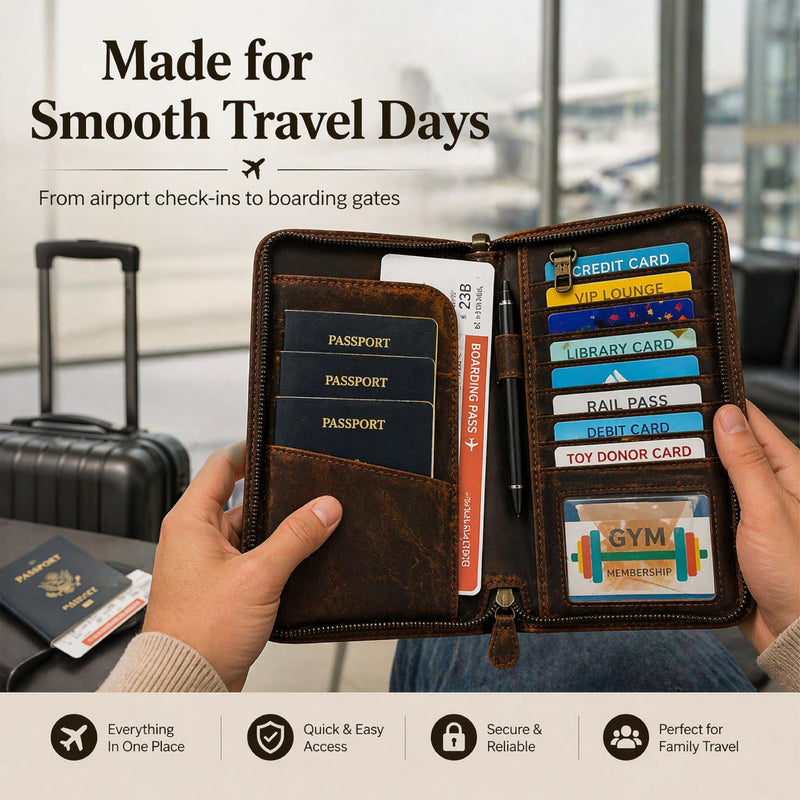 Brown Leather Passport Holder Travel Document Organizer Wallet for Family Couples with Card Slots ID Window Zipper Closure for Multi Passport Storage (5 x 9) Brown Leather Passport Holder