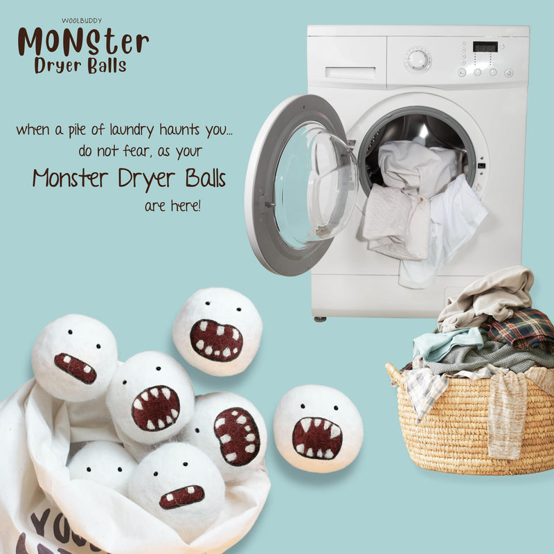 [Australia] - Woolbuddy Dryer Balls, 6 pack Monster Design Reusable Wool Dryer Balls, Home and Cleaning Essentials, Cute & Funny Laundry Accessories for Reusable Pet Hair Removal and Efficient Drying 