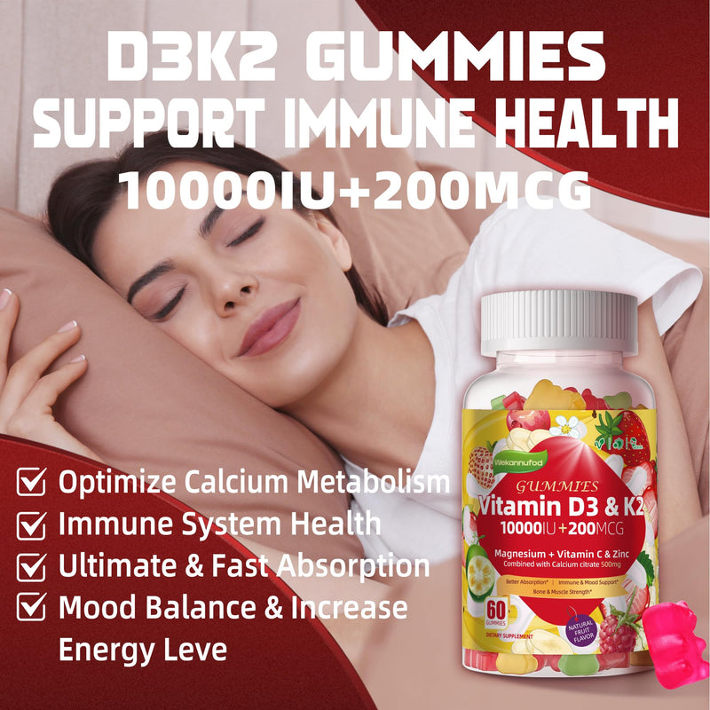 Wekannufod Sugar-Free Vitamin D3 K2 Gummies with Calcium, Magnesium Citrate, Vitamin C & K2 MK-7, Extra Strength Bone, Muscle, Teeth & Immune Support, Vegan, 120 Gummies 120 Count (Pack of 1)