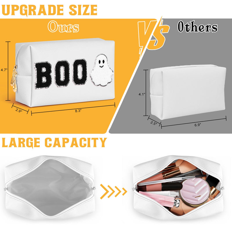 Dripykiaa Halloween Makeup Bag Boo Basket Gifts, Spooky Basket Gift for Women, Large Capacity Cosmetic Pouch with Ghost Chenille Patch, Soft Leather Zipper Toiletry Travel Organizer