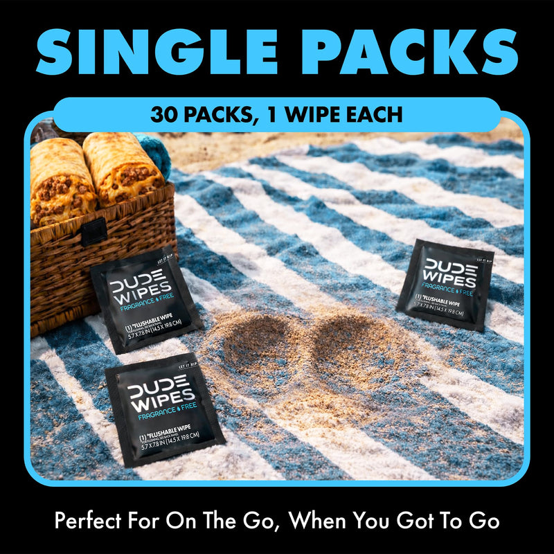 DUDE Wipes On-The-Go Unscented Adult Flushable Travel Wipes, 60 Count | 60 individually wrapped flushable butt wipes. Travel essentials. Hypoallergenic, 99% water, vitamin E and aloe. Septic safe. Fragrance Free 30 Count (Pack of 2)