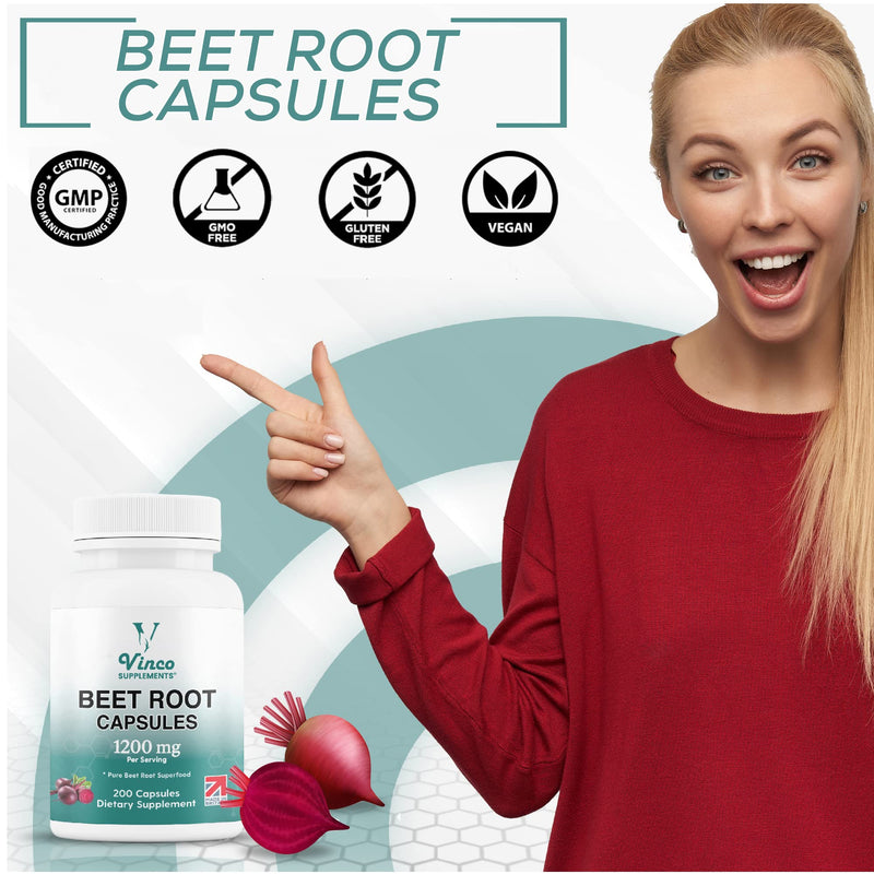 Vinco Beetroot Capsules - 1200mg Organic BeetRoot Powder Per Serving - UK-Made, Non-GMO, Gluten-Free, Vegan Food Beet Root Supplements - Support Blood Pressure, Digestion, Immune System - 200 Capsules