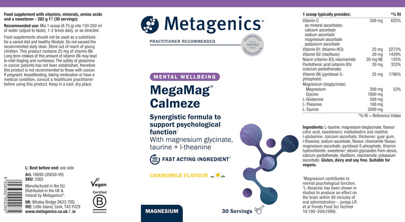 Metagenics MegaMag Calmeze Magnesium Powder - High Potency Magnesium Glycinate for The Reduction of Fatigue & Tiredness - Chamomile - 30 Servings