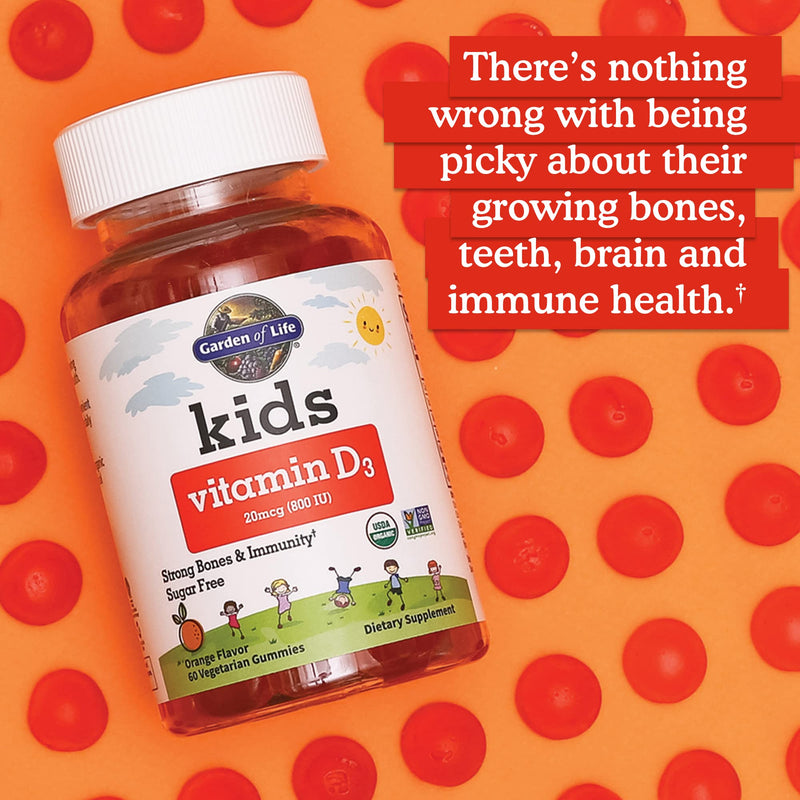 Garden of Life Kids Organic Vitamin D3 Gummies with 800 IU (100% Daily Value) for Strong Bones,Teeth,Brain & Immunity – Non-GMO,No Gluten,Vegetarian,Sugar Free,Orange Flavor,60 Count(Pack of 2) 60 Count (Pack of 2)