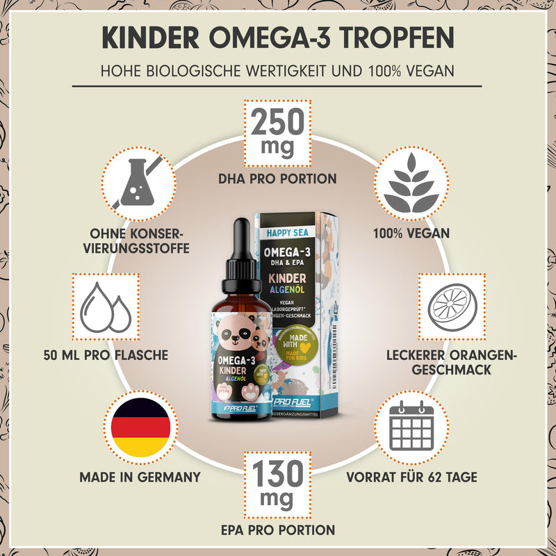 [Australia] - Omega-3 Vegan for CHILDREN (50 ml) - DHA & EPA - Omega-3 algae oil with 250 mg DHA and 130 mg EPA per day - delicious orange flavor - laboratory tested with certificate - supply for 62 days - 100% vegan 1x 50 ml algae oil 