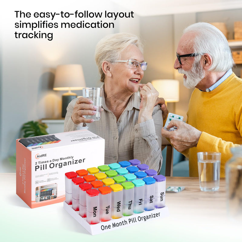 CAidRE 28 Day Pill Box, Clear Extra Large Vitamin Dispenser AM PM | 4 Week Transparent Medication Organizer, Moisture Proof Travel Pods Twice Daily, Instantly Track Your Supplements Clear1 monthly pill oeganizer