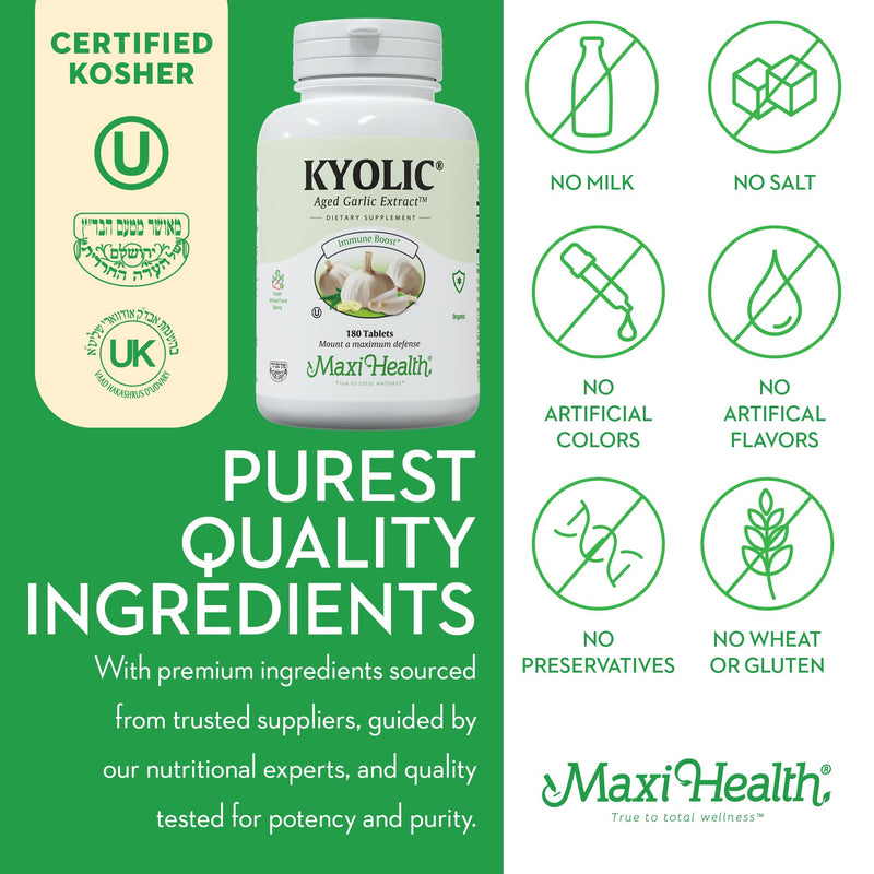 [Australia] - Maxi Health Kyolic Organic Garlic Supplement - Kosher Garlic Tablets with Kyolic Aged Garlic Extract for Immune Support - Vegetarian Garlic Pills (180 Count) 180 Count (Pack of 1) 