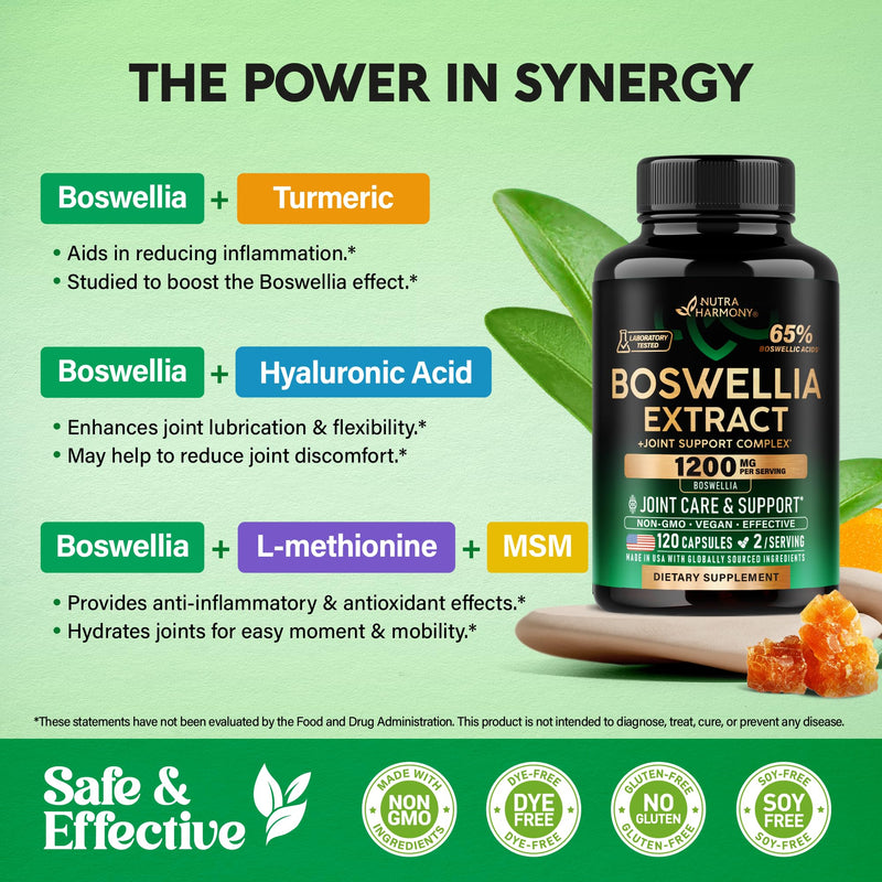 [Australia] - Boswellia 1200mg - Boswellia Extract | Turmeric | Hyaluronic Acid | MSM | Same - Joint Health & Comfort - Boswellia Serrata | 65% Boswellic Acid - for Men & Women - Made in USA - 120 Capsules 120 Count (Pack of 1) 