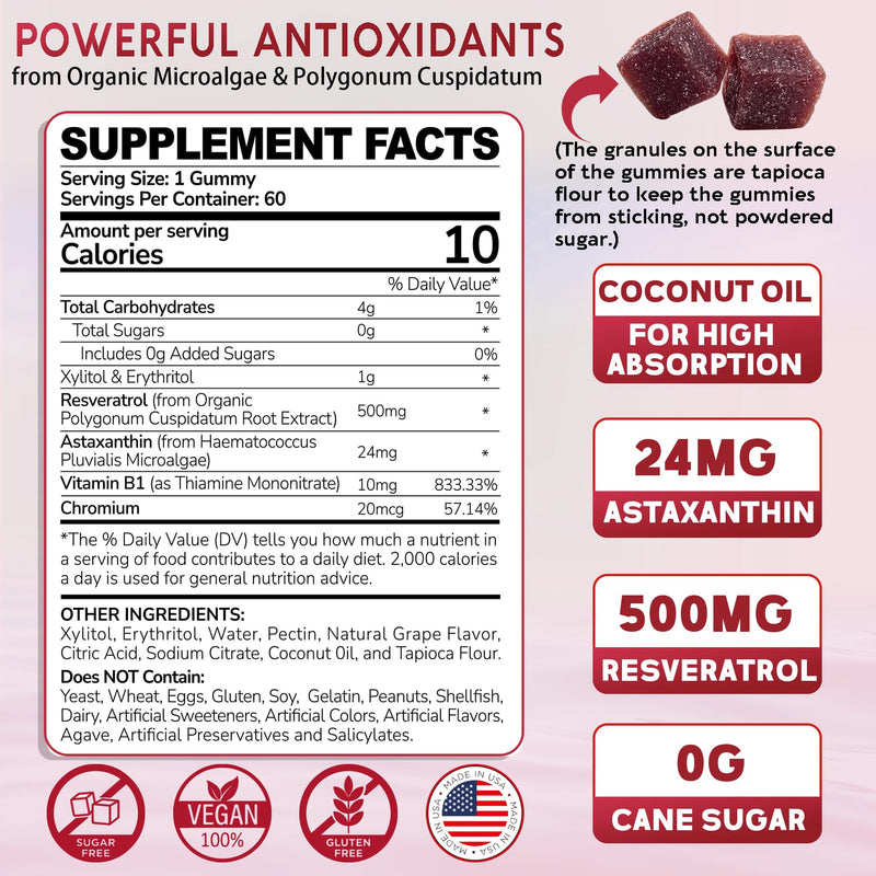 [Australia] - Sugar-Free Astaxanthin 24mg Gummies with Resveratrol, Vitamin B1, Coconut Oil - Powerful Antioxidants Supplement for Men & Women Healthy Aging, Skin, Eyes, Joints, Immune - Vegan, Non-GMO 120 Servings 60 Count (Pack of 2) 