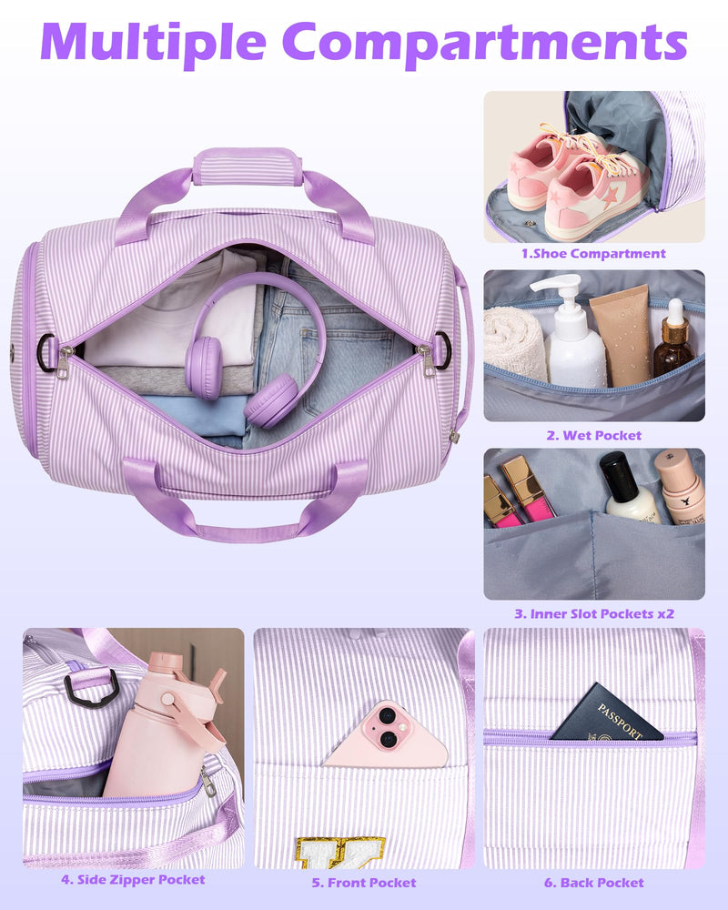 Birthday Gifts for 9 Years Old Girl, Girls Travel Duffle Bag, Gift | Teen Girl Gifts, Dance Bag for Girls, Kids Overnight Bags with Shoe Compartment & Makeup Pouch, Initial Gym Bag (Letter A) Purple