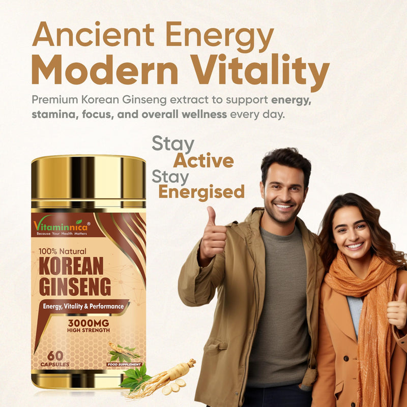 Vitaminnica Korean Ginseng High Strength (Eqv. 3000mg) Energy, Focus, Immune Support & Vitality - Natural Adaptogen for Stress Relief | 60 Veg Capsules