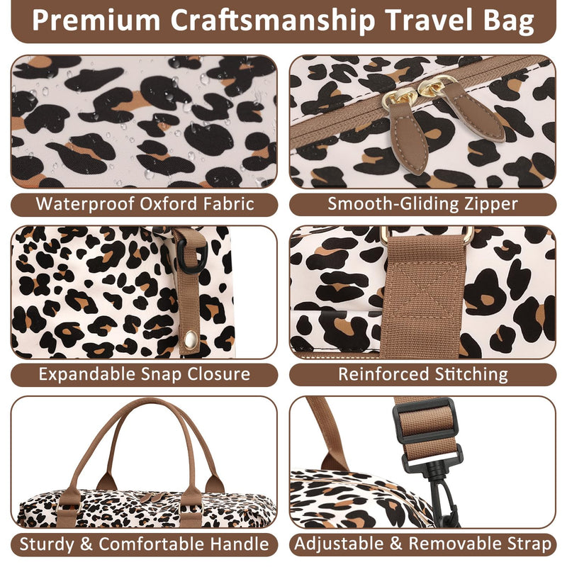 ELONGRIVER Women Travel Duffle Bags, Weekender Overnight Bag, Hospital Bag | Airplane Duffel Bags with Toiletry Bag, Hospital Bag for Labor Delivery, Tote Weekend Bag with Luggage Sleeve, Large, Leopard Leopard Print