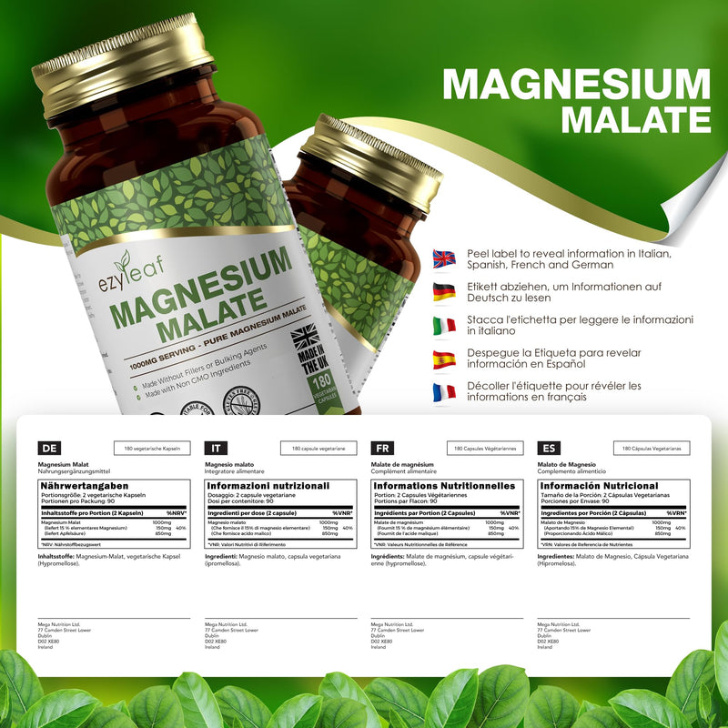 Ezyleaf Magnesium Malate Capsules | 1000mg Malate per Serving - 180 Caps High Strength Magnesium Supplement | Vegan & Filler Free Capsules | Non-GMO, Gluten & Allergen Free | Made in The UK 180 count (Pack of 1)