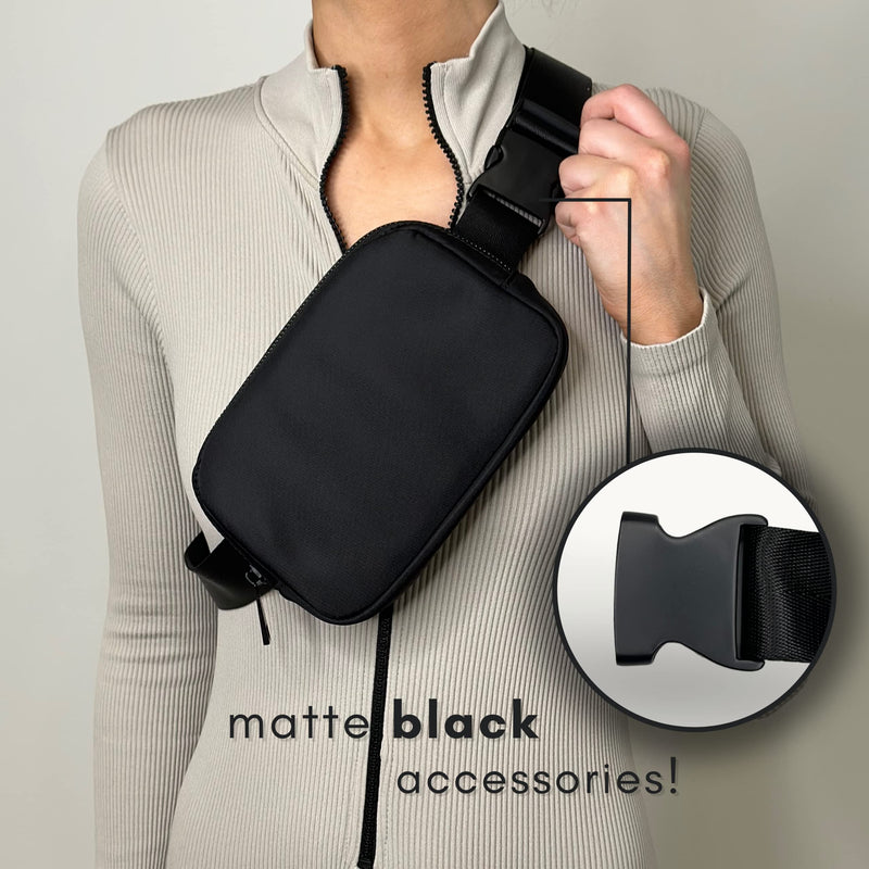 Boutique Belt Bag | Crossbody Fanny Pack for Women | Fashionable Cute Mini Everywhere Bum Hip Waist Pack | Small Fashion Travel Chest Bag | Matte Black | Adjustable Small Strap Black Midnight Small Strap Length