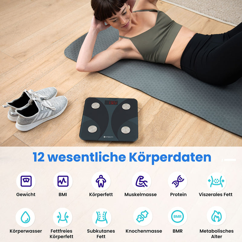 [Australia] - ETEKCITY body fat scales, digital personal scales with APP, personal smart scales with body fat and muscle mass, Bluetooth body analysis scales for BMI, protein, 180 kg/400 lb, black 