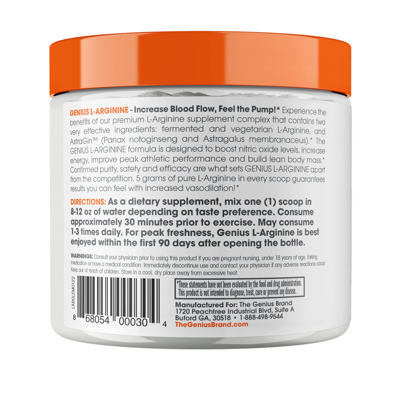[Australia] - Genius L-Arginine Nitric Oxide Powder - Fermented L- Arginine Nutritional Supplements & Nitric Oxide Booster - Pre Workout, Natural Muscle Builder - 30 Servings, Lemon 