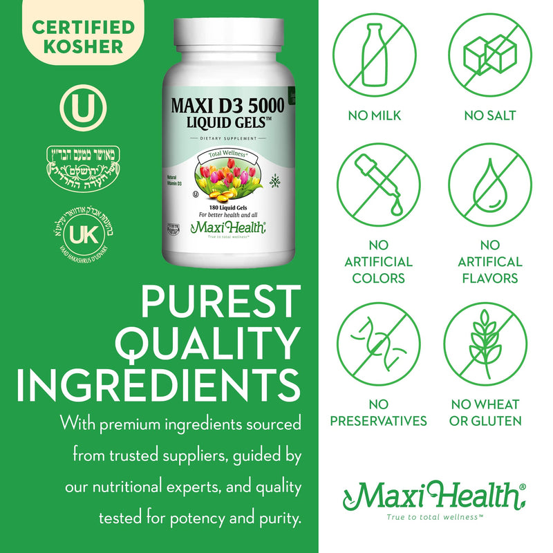 Maxi Health Vitamin D3 5000 IU Softgels - 125 mcg D3 Vitamin 5000 IU - Vitamin D 5000 IU for Healthy Bones & Teeth - Dietary Vitamins Supplements for Immune Support - (180 Count) | Kosher | High-Potency Vitamin D3 Supplement | Bone, Teeth & Immune Supp...